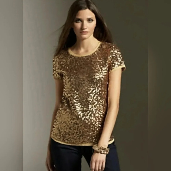 Talbots Woman's NWT GOLD  SS Sequin Silk Lined  Blouse Sz 10P - Picture 1 of 12